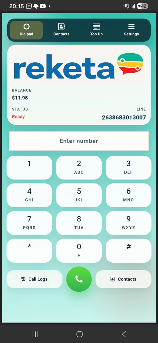 Reketa dialer app showing the dialpad, balance and line number